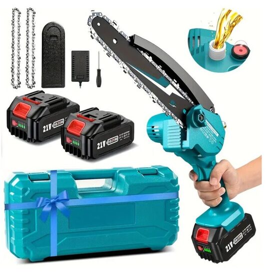 Akumuliatorinis grandininis genėjimo pjūklas su priedais ir dėtuve su alyvos talpa, 8 colių